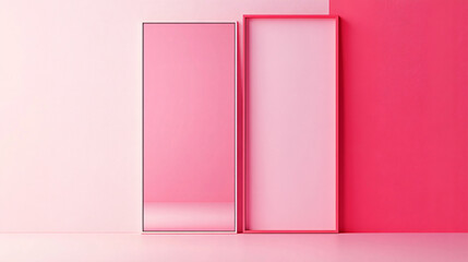 Wall Mural - Stylish pink wall featuring a geometric mirror that reflects light and shapes, creating a modern and progressive aesthetic in interior design.
