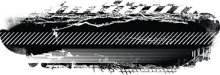 Aufkleber - Glitch distorted grunge banner . Noise destroyed texture. Checkered race grunge flag . Overlay grunge texture .Distressed effect .Vector shapes with a speed lines and tire tracks screen print texture.