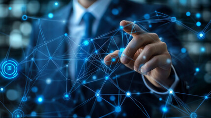 Data integration system. Binary data transfer. Connect internet network between application. Businessman touching network connection.