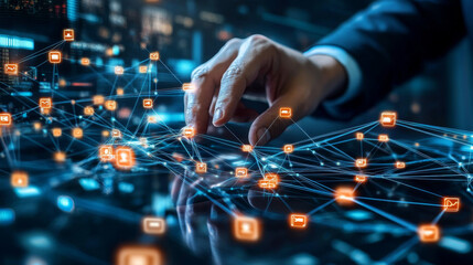 Data integration system. Binary data transfer. Connect internet network between application. Businessman touching network connection.