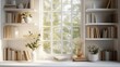 © Wilden - Minimalist Windowsill Decor with Books, Pampas Grass, White Vases, and Candle in a Beige Setting,Zoom Virtual Background. Virtual Meeting. Cozy Interior Backdrop, Stylish Living Room Design.