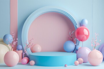 Poster - Product presentation with a blue podium and vibrant balloons and flowers