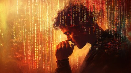 Abstract depiction of pensive developer amidst digital code stream backdrop