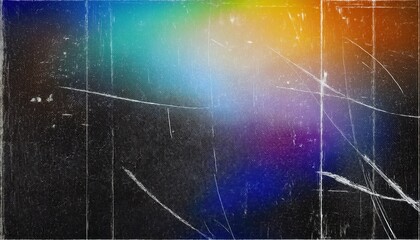 Poster - grunge textured dark background with colorful prism light refraction, scratches, and distressed retro aesthetic for design


