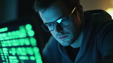Focused developer working late on complex code with a green luminous interface