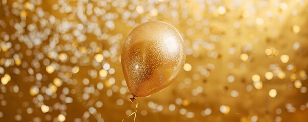 Poster - Golden balloon with glitter hanging on a gold background with blurred confetti