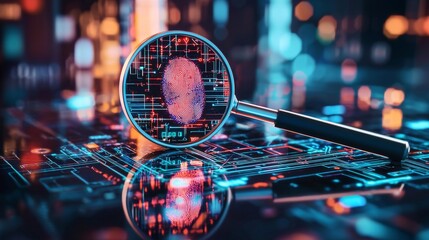 In a 3D illustration, the realms of cybersecurity and information technology converge on a blue and red background, where digital integrated network technology seamlessly merges with a printed