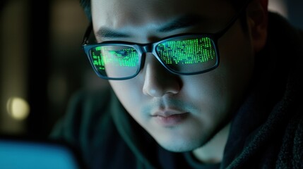 A Focused Ethical Hacker Coding with Digital Reflections in Eye Glasses in Dark Room