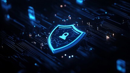 Wall Mural - cyber security is represented by the shield icon, protecting digital data networks through future te