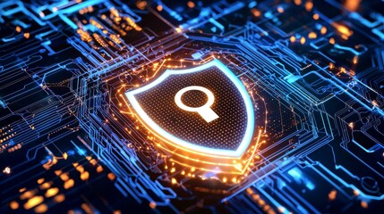 Cyber data security and information privacy are conceptually represented by a padlock with a keyhole icon positioned on a digital background, incorporating elements of blue abstract high-speed