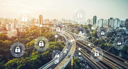 Wall Mural - cyber security, depicted by a digital padlock icon, involves the use of technology networks and data