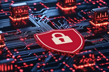 The conceptual generative AI illustration shows a binary code lock with big data and cybersecurity elements