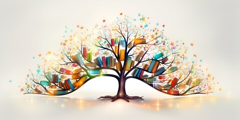 Wall Mural - A tree made of books, white background, creative composition, colorful book spines
