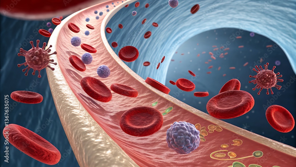 Microscopic view of blood vessels showing red blood cells viruses and ...