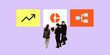 © master1305 - Composite image. Professionals standing in front of diagram blocks. Visual hierarchy, segmentation, planning process. Concept of business communication, finance, strategy and teamwork.