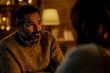 © MdTuhinul - Man with beard talking to woman in dimly lit room with lamp and lights background conversation scene