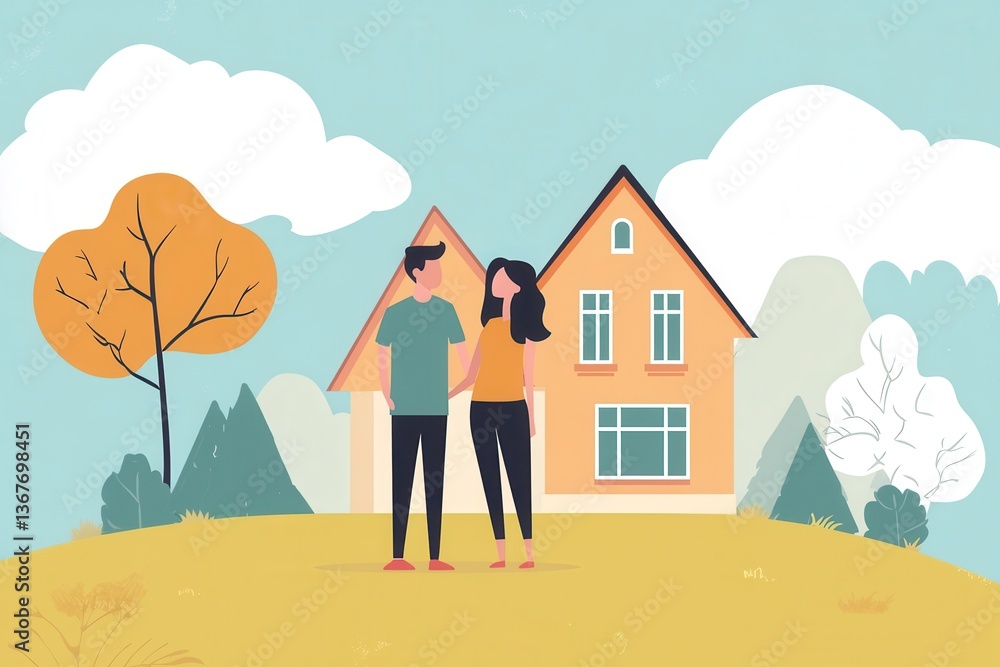 Young couple standing proudly in front of their new home, beginning a ...