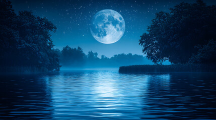 Wall Mural - moonlit tranquility: a mesmerizing image of a full moon casting a serene glow over a tranquil lake s