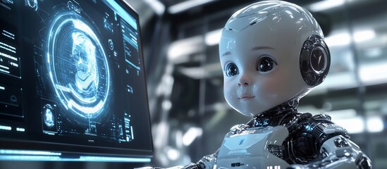 Baby robot interacts with futuristic computer screen.