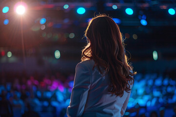 Poster - Businesswoman delivers speech on stage at corporate event