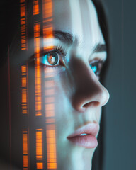 Poster - close up of woman face with futuristic overlay of glowing orange and blue digital patterns, evoking sense of technology