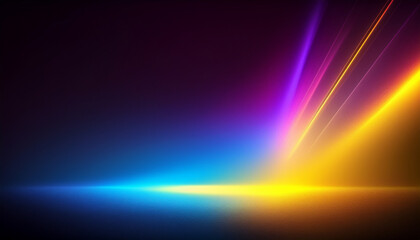 Wall Mural - Defocused yellow blue magenta ultraviolet radiance soft texture on dark black abstract empty space background. Neon blur glow. Color light overlay. Copy space.