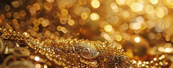 Aufkleber - Gold chains, necklaces, and pendants sparkling in front of a golden bokeh background