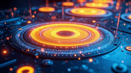 Aufkleber - Abstract Digital Artwork of Glowing Orange and Blue Circular Patterns in a Futuristic Concept of Light Emission and Depth Perception