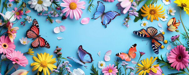 Wall Mural - Colorful butterflies flying around a floral arrangement on a blue background with copy space