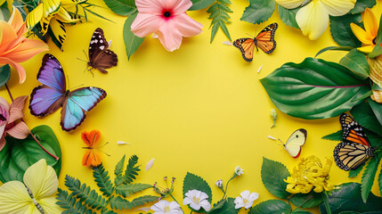 Wall Mural - Tropical flowers and butterflies in a vibrant border against a sunny yellow backdrop, evoking a cheerful summer vibe