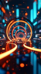 Aufkleber - Abstract Digital Artwork of Glowing Orange and Blue Circular Patterns in a Futuristic Concept of Light Emission and Depth Perception