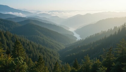  Serene Mountain Landscape with Misty Valleys and River View