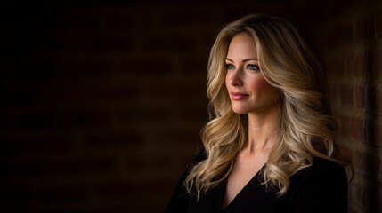 Aufkleber - A woman with golden-blonde, softly curled hair gazes thoughtfully while warm backlighting enhances her features and adds a timeless touch to the setting
