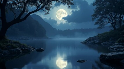 Poster - Bewitching spell of a moonlit lagoon, where tranquil waters mirror ethereal glow, unveiling a realm veiled in enigmatic darkness and captivating enchantment