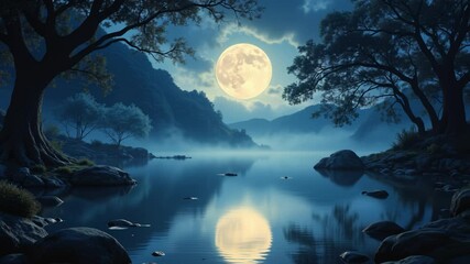 Poster - Bewitching spell of a moonlit lagoon, where tranquil waters mirror ethereal glow, unveiling a realm veiled in enigmatic darkness and captivating enchantment