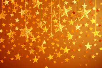 Canvas Print - shiny golden stars of various sizes dangle on strings creating a warm festive backdrop with a bokeh 
