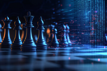 Dark metallic chess pieces on board, king and queen prominent, digital code backdrop symbolizing strategic planning, technology, and competition in business