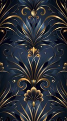 Aufkleber - Golden floral ornament on dark blue background forming a luxurious seamless pattern, ideal for fabric, wallpaper, packaging, invitation card printing