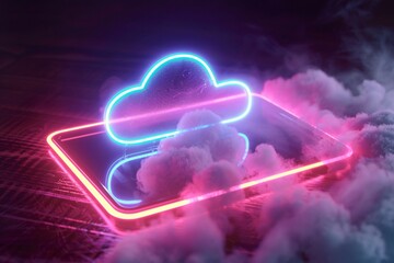 Fototapete - Futuristic server platform with a glowing neon cloud computing symbol and colorful smoke, representing the future of data storage and processing