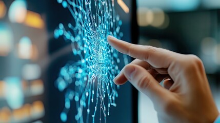 Human hand touching a screen showing an image of a neural network . 