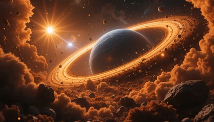 A blue globe glows in the abstract night of the star-filled universe