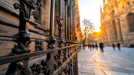 Aufkleber - Intricate metalwork on the gates of an old cathedral is illuminated by sunlight, showcasing the craftsmanship and historical significance during sunset
