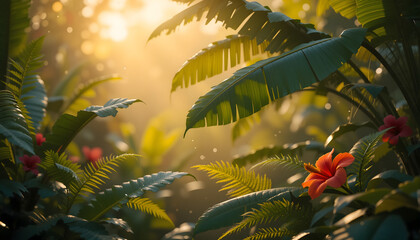 Tropical Jungle at Sunrise with Exotic Flowers