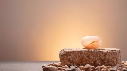 Leinwandbilder - A sculptural stone vessel with organic form holds a polished marble orb, set on small pebbles against a neutral backdrop with soft, diffused lighting