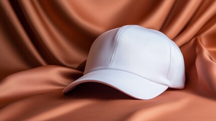 Poster - Plain white baseball cap placed on smooth, neutral-toned fabric. Subtle lighting highlights the cap's shape and texture, ideal for branding purposes