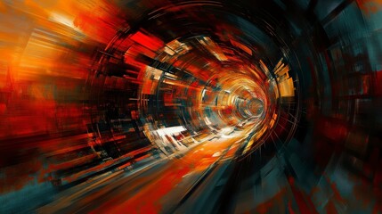 Aufkleber - Abstract digital art depicting a vibrant, swirling tunnel with orange, red, and teal hues, suggesting speed and movement.