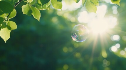 Poster - A soap bubble drifts gently in the air, capturing colorful reflections against a blurred background of green foliage. Sunlight enhances its beauty