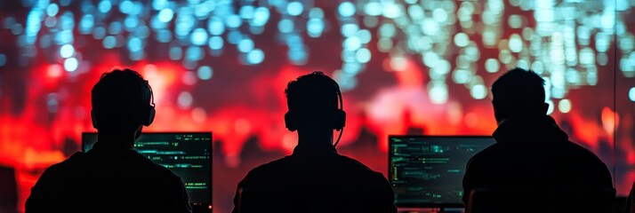 Three people coding against a digital display.