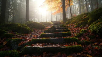 Poster - Stone steps adorned with moss meander through a tranquil, foggy forest, surrounded by vibrant autumn leaves as soft sunlight pierces the trees
