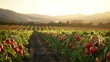 © Elena - A sprawling tomato field stretches into the distance at sunrise, with rows of ripe red tomatoes sparkling in the gentle light, enhancing the verdant foliage